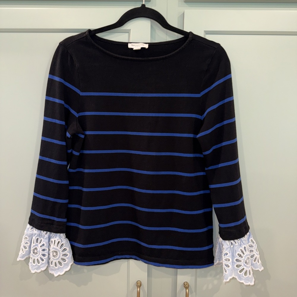 BEACH LUNCH LOUNGE Women's Small Eyelet‎ Stripe Knit Top Blue Black Cotton Shirt